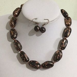 Patina look copper black bead necklace earring